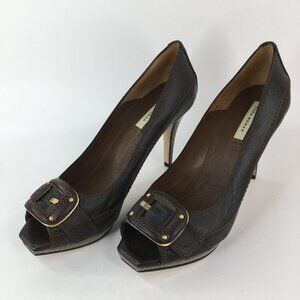 Zara Brown Leather Peep Toe Front Buckle Heels Size 41